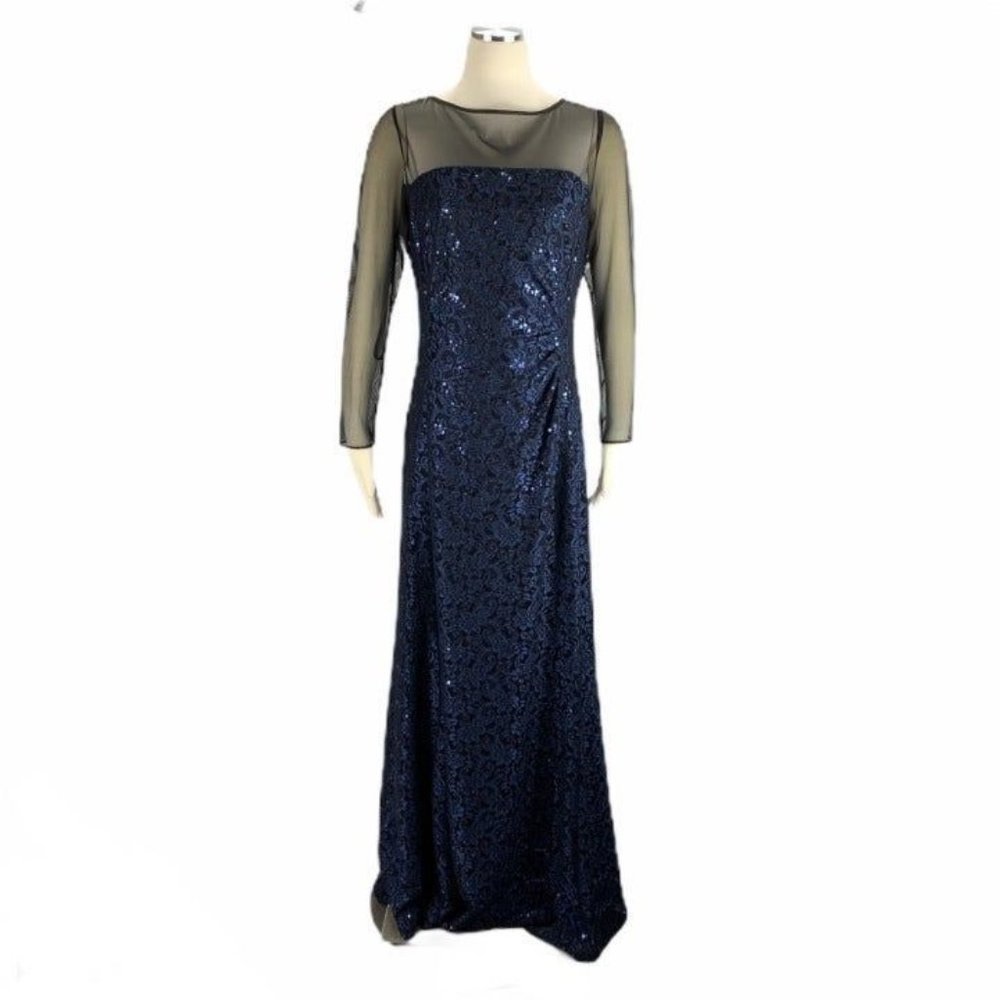 Tahari 12 Formal Navy Blue Dress Medium Rhinestones Mother of Bride Cocktail